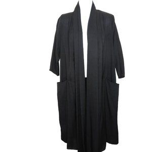 Black Open Front Duster Cardigan Cover Up Medium Shawl Collar 3/4 Sleeve Pockets
